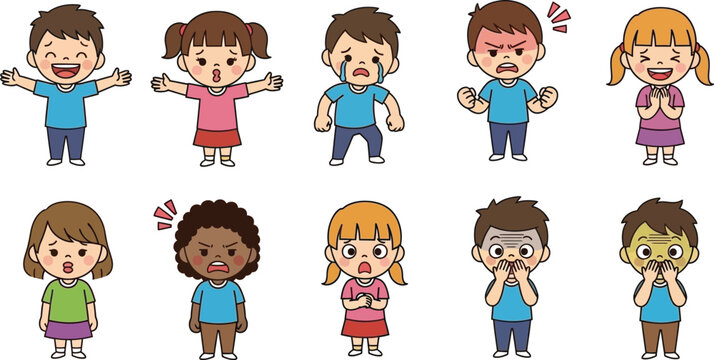 A collection of diverse cartoon children illustrations expressing various emotions and feelings, including happiness, sadness, anger, and fear.