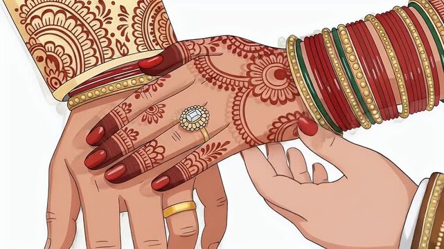Close Up Bridal Hands With Henna Mehendi And Bangles Holding Groom Hand