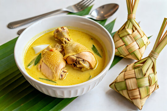 Lontong opor ayam is an Indonesian traditional dish usually served during eid Mubarak, Eid al Fitr holiday celebration with Ketupat Lebaran or rice cake dumpling and sambal chili sauce.