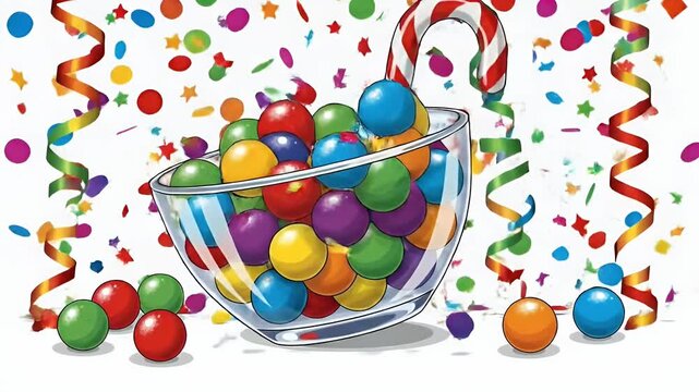 Colorful Candy Bowl with Confetti and Streamers