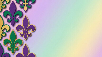 Obraz premium Fleur de lis border on gradient. Purple green gold fleur de lis icons frame pastel background for mardi gras carnival, fat tuesday invites, party flyer, fleur de lis decor with copy space