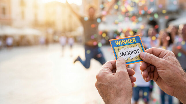 Hands hold jackpot winner ticket. Close view of lottery scratch card with jackpot message, confetti celebration, blurred crowd cheering, perfect for newyear giveaway, contest promo, lucky win concept
