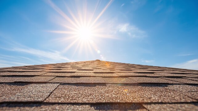 angle shot of a gabled house roof featuring overlapping pre-fabricated asphalt sheets under a bright midday sun. Solar flares hitting the textured surface highlight the UV resistance. Clear 