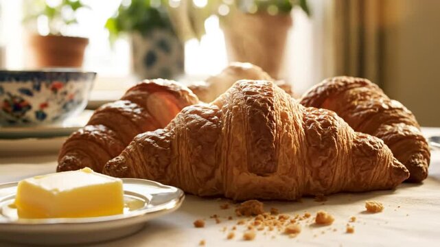 Delicious golden croissants arranged on a table with a pat of butter for a breakfast treat in natural light