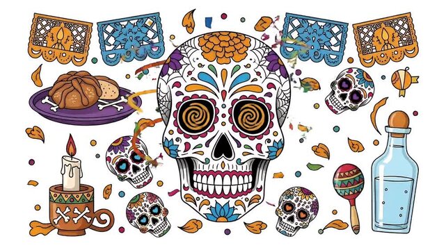 Colorful Day of the Dead Celebration Skull Sugar Skulls Papel Picado Banner