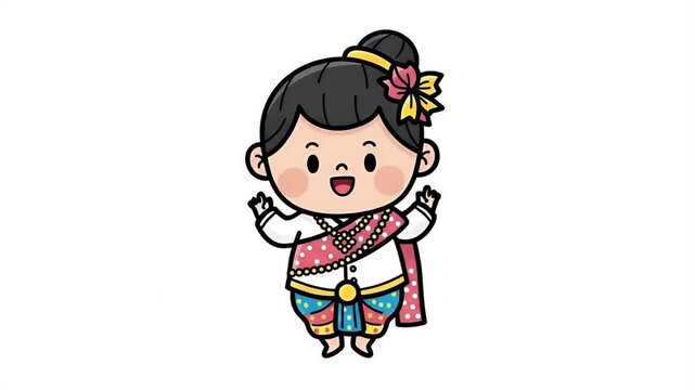Chibi Thai Girl Traditional Costume Cheerful White Background