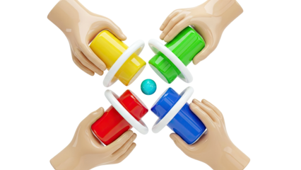 Hands holding colored cups around a blue marble