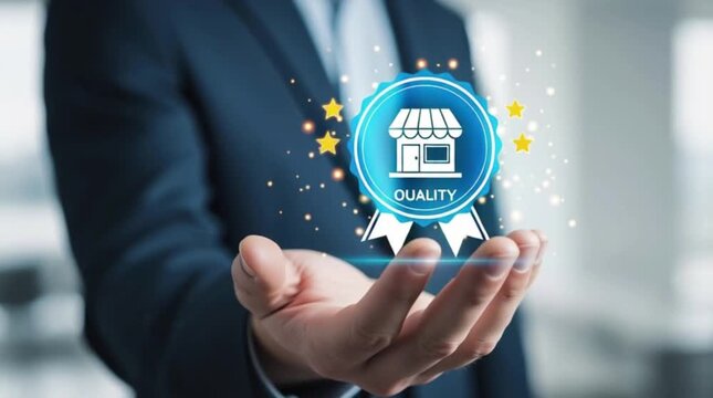 Quality Assurance in a Modern Office, Digital Badge Display, Professional Environment, Close-up Viewpoint