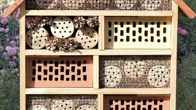 An insect hotel, also known as a bug hotel or insect house
