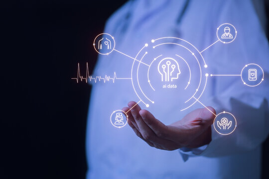 AI driven healthcare technology concept showing doctor holding digital medical interface with data analysis icons - Powered by Adobe