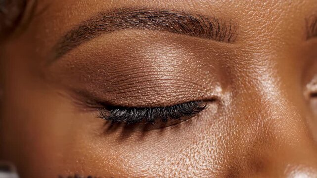 Close Up of Black Woman Eye with Mascara Brush in Beauty Makeup Portrait