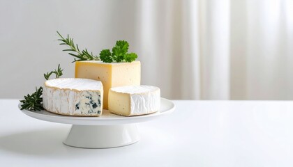 Assortment Of Artisanal Cheeses Including Brie And Blue Cheese On A White Cake Stand With Fresh Herbs And Soft Natural Light