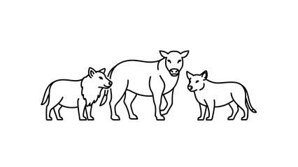 Obraz premium Minimalist line art illustration of a cow with two wolves