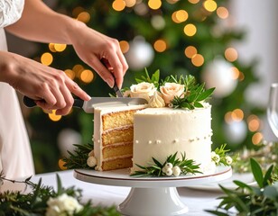 Elegant White Layer Cake Decorated With Cream Roses And Greenery Being Sliced At A Festive Celebration With Blurred Christmas Tree Lights Background