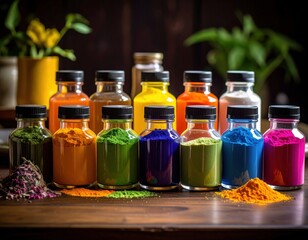 Assortment Of Vibrant Pigment Powders In Clear Glass Bottles With Black Lids Arranged On A Dark Wooden Surface With Soft Natural Lighting And Greenery In The Background