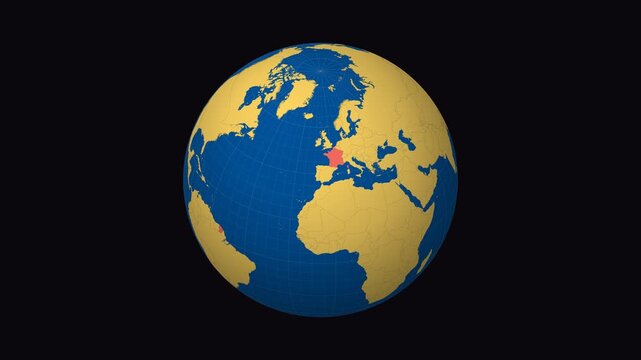 France on Globe. Animated zoom into the country in Ocean Blue Golden Yellow color palette. France logo animation. Map with meridians, parallels. Modern video.