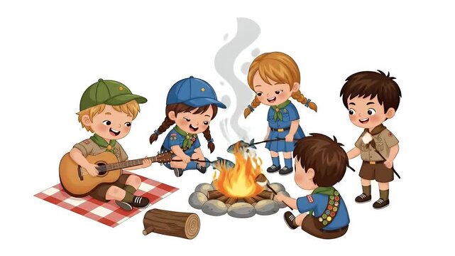Children Campfire Gathering Singing Playing Guitar Cooking Fish Together Outdoors