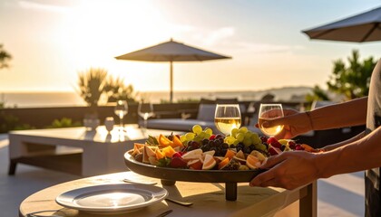 Couple Enjoying Sunset Drinks With Fruit Platter On Outdoor Terrace Overlooking Ocean In Warm Golden Light