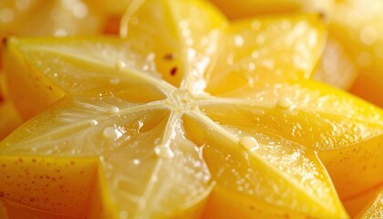 Close Up Macro Shot Of A Bright Yellow Starfruit Slice With Water Droplets And Sunlight Showing Detailed Texture And Vibrant Color