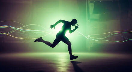 Dynamic Athlete Silhouetted in Green Light Sprinting with Energy Trails