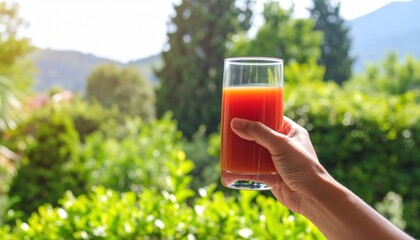 Hand Holding A Refreshing Glass Of Red Juice Outdoors With Lush Greenery In The Background On A Sunny Day