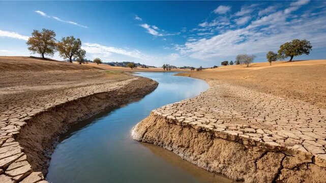 Waterway through Arid Lands: A tranquil waterway meanders through an arid landscape, where the earth has cracked under the relentless sun.