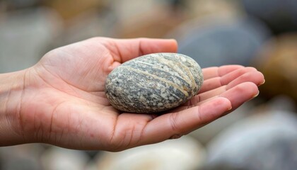 Close Up of a Hand Holding a Smooth Grey and White Striped Pebble with Blurred Rocks Background
