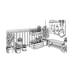 Cozy balcony garden with potted plants and gardening tools