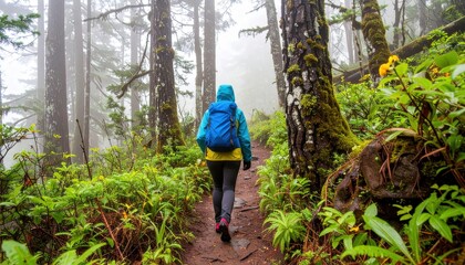 Woman Hiker With Blue Backpack Walking on Forest Trail Surrounded by Lush Greenery and Foggy Atmosphere