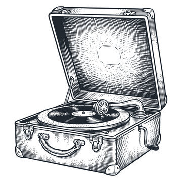 A portable vintage record player or gramophone in an open suitcase. Hand-drawn vector illustration in a classic engraving style. Retro music concept.