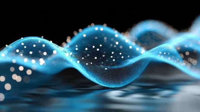 Abstract Blue Wave: A mesmerizing close-up of a luminous, abstract blue wave, its form defined by countless glittering particles that dance gracefully across the frame.