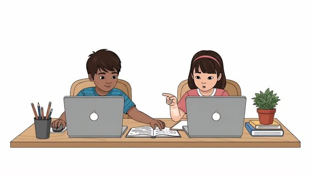 Children Learning Computer Skills At School Desk Animation