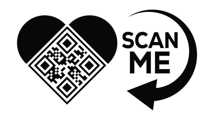 Bold monochrome vector design: Heart-shaped QR code beside smartphone, "SCAN ME!" text, and refresh arrow loop. Ideal for apps, events, NFTs, loyalty programs. Clean, modern, scalable for digital.