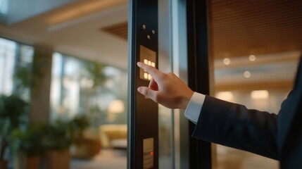 Elevator in a corporate office environment, clean interior and control panel expressing organization, accessibility, and contemporary workplace design. cinematic color correction, natural uneven