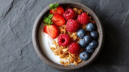A bowl of yogurt with granola, strawberries, raspberries, and blueberries. Healthy and fresh breakfast concept. Sweet berry dessert.