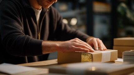 Above table top view of hands of a warehouse worker organizing packages and forms, focused action highlighting efficiency, routine labor, and logistics support. cinematic color correction, natural