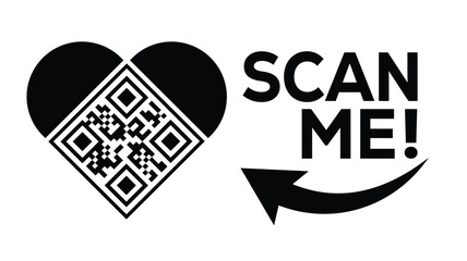 Bold monochrome vector design: Heart-shaped QR code beside smartphone, "SCAN ME!" text, and refresh arrow loop. Ideal for apps, events, NFTs, loyalty programs. Clean, modern, scalable for digital.