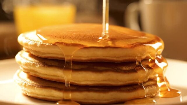 Maple syrup being poured over a stack of steaming hot fluffy pancakes on a plate during breakfast