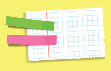 Graph paper with colorful sticky notes, a blank memo sheet for notes, reminders, or messages on a yellow background