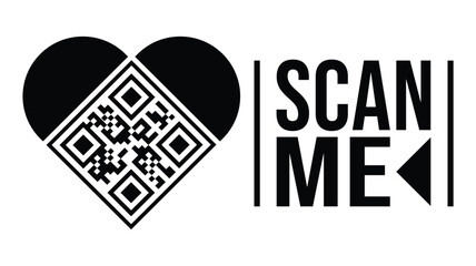 Bold monochrome vector design: Heart-shaped QR code beside smartphone, "SCAN ME!" text, and refresh arrow loop. Ideal for apps, events, NFTs, loyalty programs. Clean, modern, scalable for digital.