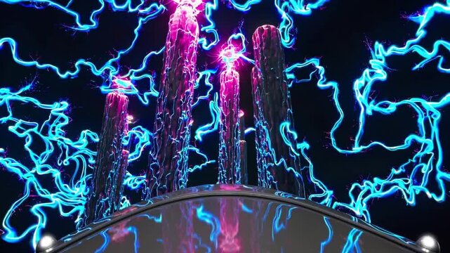 neon plasma towers surrounded by electric arcs and pink corona, metallic platform reflecting blue bolts, pulsing energy waves, dramatic laboratory atmosphere, cinematic closeup of highvoltage display