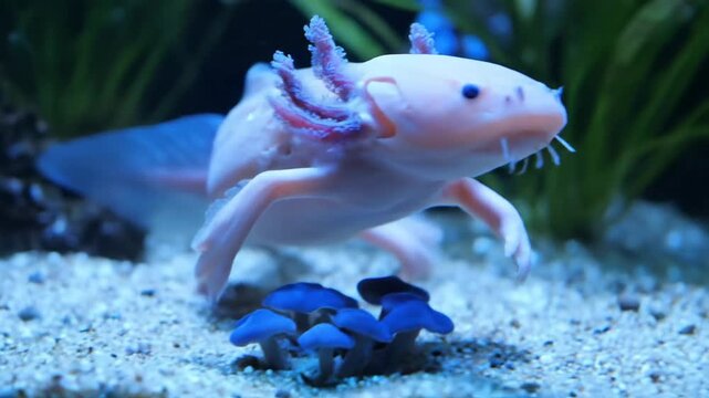 Charming Axolotl Swimming in a Dimly Lit Aquarium Scene
