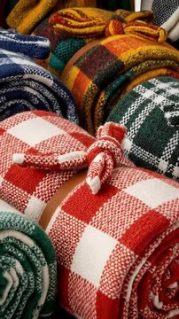 Close Up Of Plaid Patterned Blankets In Red White Green Blue And Yellow Colors