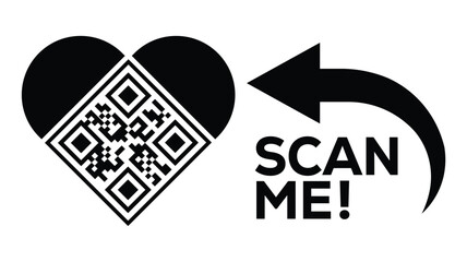 Bold monochrome vector design: Heart-shaped QR code beside smartphone, "SCAN ME!" text, and refresh arrow loop. Ideal for apps, events, NFTs, loyalty programs. Clean, modern, scalable for digital.
