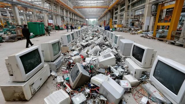 Electronic waste processing : A scene depicts a vast industrial facility strewn with discarded computer monitors and electronic components. People walk, observing the scale of the electronic waste.