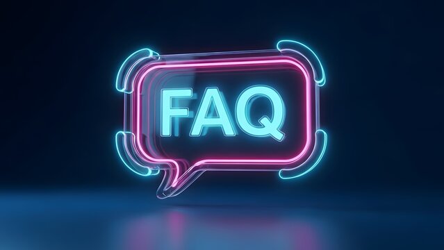 Glowing neon FAQ sign in a speech bubble. Customer support and help desk information service. Pink and blue illuminated 3D glass icon representing frequently asked questions