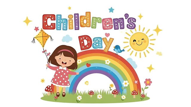 Childrens Day Celebration Happy Sun Rainbow Kite Girl Playing Cute Festive