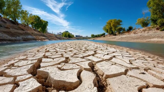 Environmental Saga: A stark illustration of the consequences of water scarcity and environmental change, with parched, cracked earth in the foreground and a dwindling waterway under a clear sky.