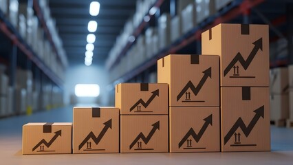 Cardboard boxes stacked with rising arrow graphs. Logistics growth and e-commerce business expansion. Rows of shipping packages in a warehouse showing increasing sales and delivery
