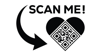 Bold monochrome vector design: Heart-shaped QR code beside smartphone, "SCAN ME!" text, and refresh arrow loop. Ideal for apps, events, NFTs, loyalty programs. Clean, modern, scalable for digital.